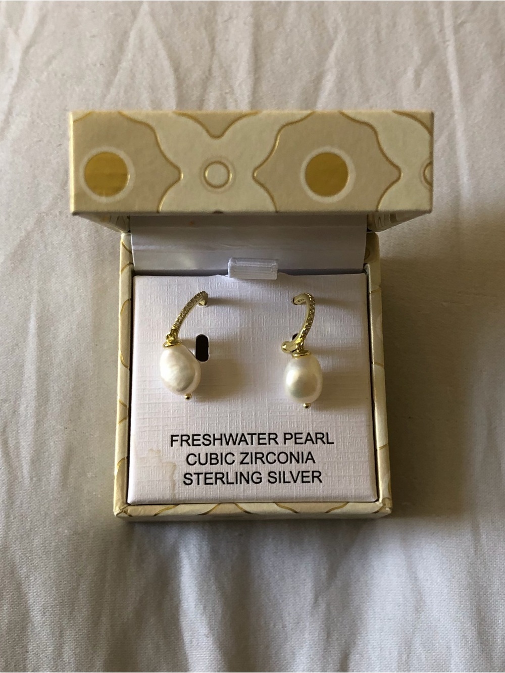 Sterling Silver Freshwater Pearl & Cubic Zirconia Hoop Drop Earrings - Gold Tone